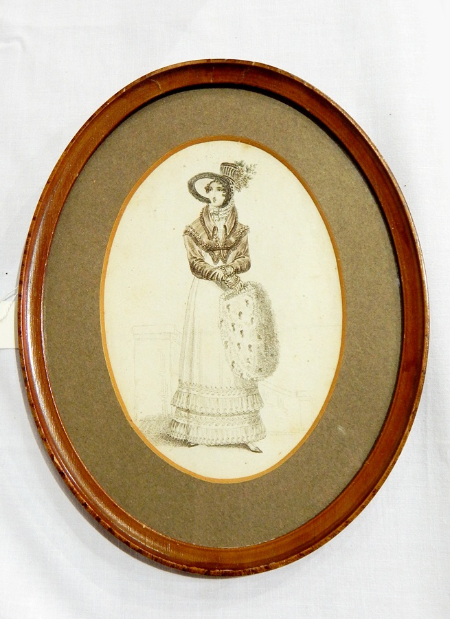 Two Victorian fashion engravings, oval and a 19th century gilt metal miniature frame, - Image 2 of 3