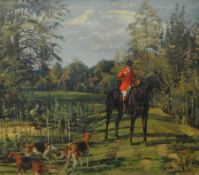 Richard John Munro Dupont (1920-1977) Oil on canvas Hunting scene, master of the hunt with hounds,