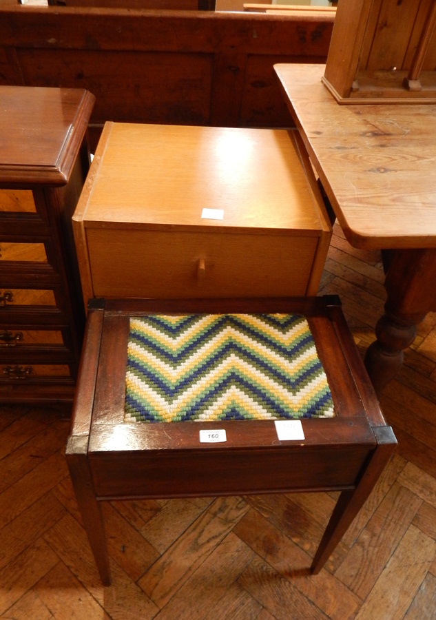 An oak chest with three short drawers together with a music seat with woven top