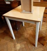 A melamine-topped table on square tapering legs together with a pine veneered CD rack