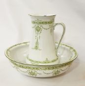 Ewer and Basin set with green Art Nouveau decoration