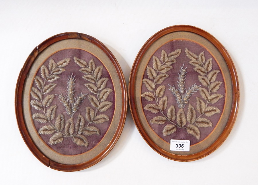 Two beadwork oval pictures