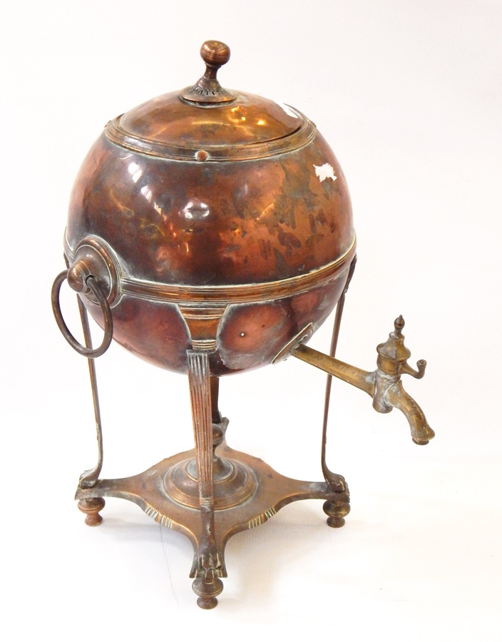 19th century copper and brass samovar tea urn, bulbous with ring handles,