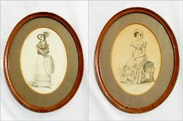 Two Victorian fashion engravings, oval and a 19th century gilt metal miniature frame,