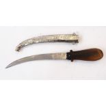 Arabic rhino horn handled knife with foreign silver scabbard, floral and scroll decoration,