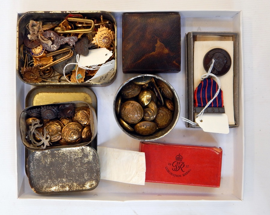 Dorset Regiment cap badge, Light Infantry shoulder badges and a quantity of military buttons,