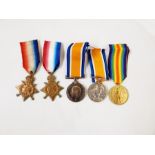 Five WWI medals, including 1914 Star named to "98509. GNR. W. Coles R.A.F", 1914-15 Star "M.10974.