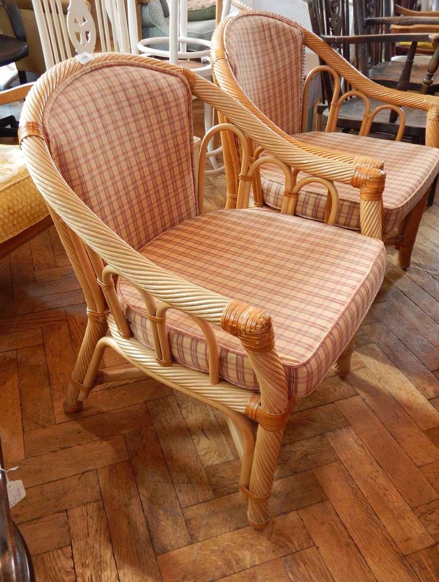 Pair conservatory bamboo-style open armchairs