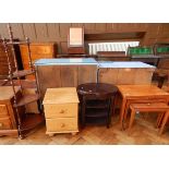 A nest of Heals teak tables, an open corner shelf unit with four shelves and stringing,
