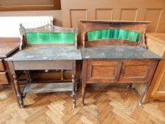 Two marble-topped washstands with tile backs glazed green,