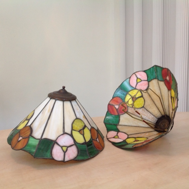 Three 1930's mottled glass ceiling shades, two Tiffany style lampshades, - Image 2 of 2