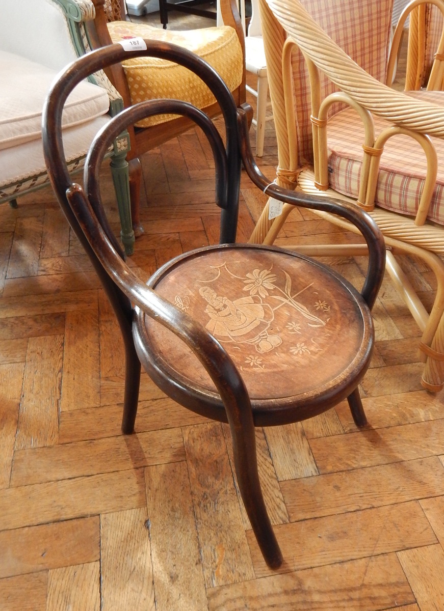 Child's bentwood chair with poker work decoration to the seat