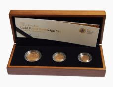 A 2008 UK gold proof sovereign set comprising half-sovereign, sovereign and double-sovereign,