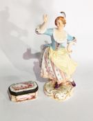 A Meissen porcelain figure of a woman, blue cross swords mark,