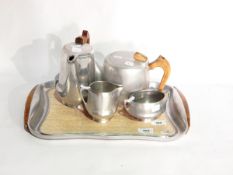 Picquotware wood and metal five-piece teaset including tray