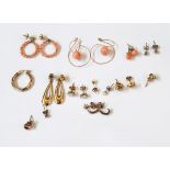 A pair of gold and opal stud earrings, a pair of gold drop earrings with hoop pendants,