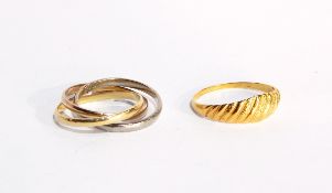 A 18ct three-colour gold Russian wedding ring and another gold ring with gadrooned design