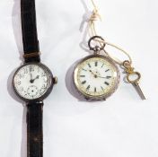 Continental silver lady's pocket watch with decorative enamel dial and a silver wristwatch bearing