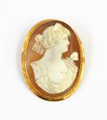 A shell cameo brooch depicting a lady in 9ct gold mount,