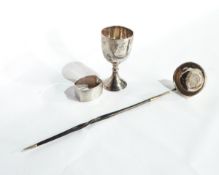 A Georgian silver punch ladle with a George II inset coin and turned horn handle together with a