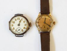 A 9ct gold gentleman's strap watch and a silver gentleman's strap watch (strap missing) (2)