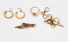 A quantity of 9ct gold to include fine link chain, pair hoop earrings,