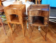 A pair of serpentine bedside cabinets with one long frieze drawer and four small drawers,