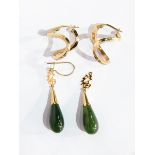 A pair of dark green jade and gold-coloured metal teardrop pendant earrings and a pair of 9ct gold