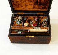 A leather jewellery box and contents including two micro-mosaic brooches of floral design,