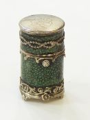 An Edwardian silver-mounted shagreen dressing table jar of cylindrical form with applied silver