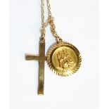 A 9ct gold St Christopher pendant and a 9ct gold cross on Prince of Wales chain