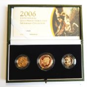 A 2006 UK gold proof three-coin sovereign collection, comprising half-sovereign,