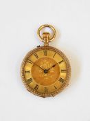 A lady's gold open-faced fob watch with engraved decoration,