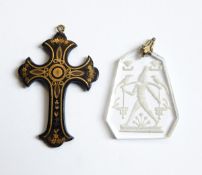 A Victorian tortoiseshell cross with inlaid pique work and an Art Deco glass pendant etched with an