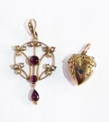 An Edwardian 9ct gold pink tourmaline and seedpearl pendant,