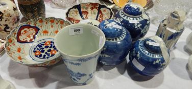 Two Japanese Imari porcelain bowls, three Chinese porcelain ginger jars,