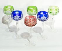 Set of six coloured flash hock glasses