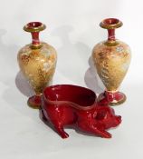 Pair of Slaters patent baluster vases and a Royal Doulton flambee pig without possible mount (3)