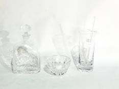 Cylindrical glass mixer jug and stirrer, rectangular cut glass decanter and stopper,