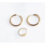 A pair of 9ct gold hoop earrings and a 9ct gold signet ring