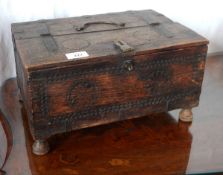 Antique iron-bound carved oak box, rosette and lozenge decorated with double-hinged top,