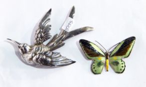 Foreign silver-coloured metal and enamel butterfly brooch and large white metal bird brooch (2)