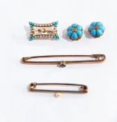 A 15ct gold seedpearl and turquoise buckle brooch, concave rectangular,