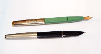 Conway fountain pen, green plastic with plated and white metal lid and Parker fountain pen,