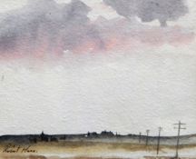 Robert Mace Watercolour on paper "Dungeness" landscape with pylons and buildings in distance,