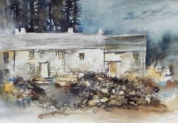 R Foley Watercolour Cottage scene with rocks in foreground, signed lower right,