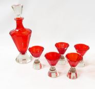 Art Deco red and clear glass liqueur set with five glasses,