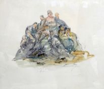 Signed indistinctly Charcoal and wash Figures seated and wrapped in a huddle,