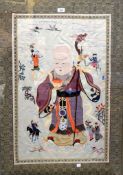 An Oriental Chinese-style embroidered picture showing a wise man holding a stick with dragon head,