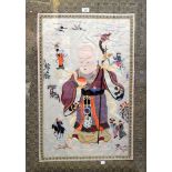 An Oriental Chinese-style embroidered picture showing a wise man holding a stick with dragon head,